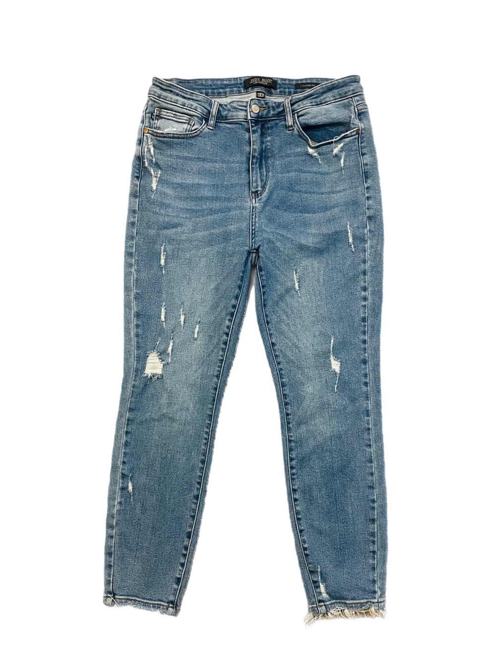 Judy Blue 13/31 Distressed Relaxed Fit  Jeans Frayed Raw Hem Medium Wash Denim